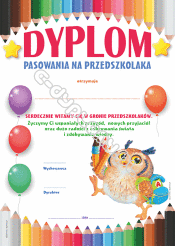 Dyplom Pasowania na Przedszkolaka (kredki, mała sówka z plecakiem)