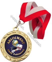 Medal złoty z wklejką "Absolwent Szkoły Podstawowej" z wstążką