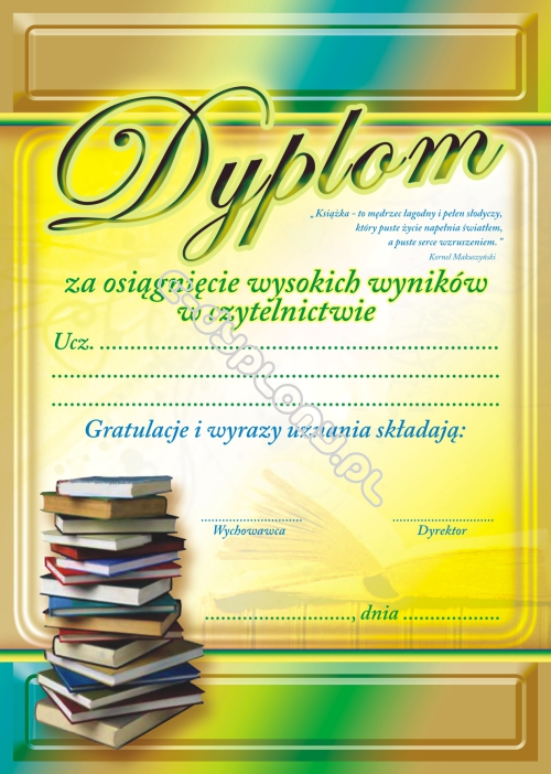 Dyplom Za Strój Karnawałowy Dyplom za Osięgnięcie Wysokich Wyników w Czytelnictwie