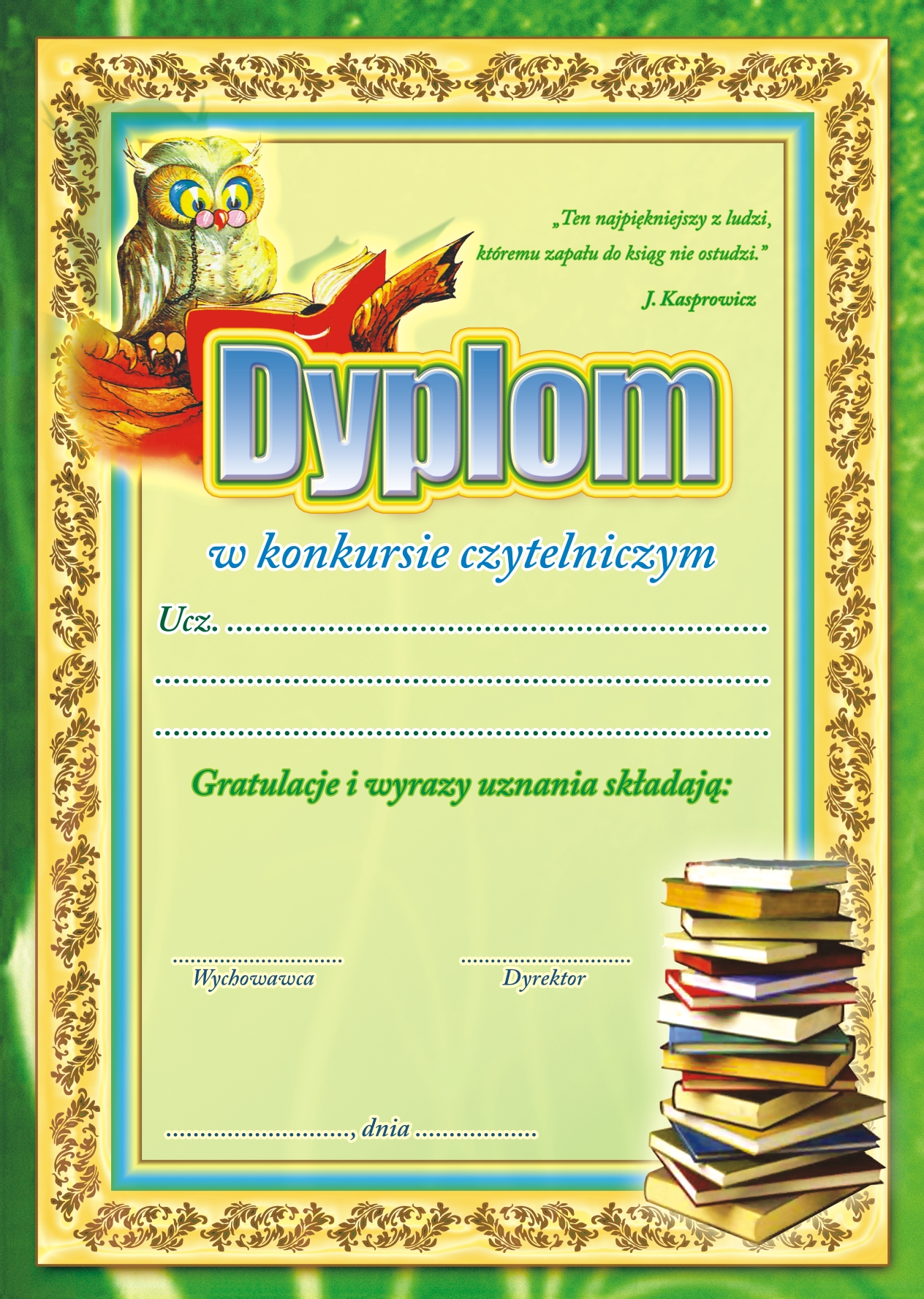 Dyplom Dla Przedszkolaka Za Udział W Konkursie Dyplom za Konkurs Czytelniczy