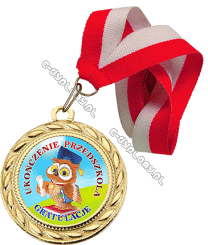 Medal złoty z wklejką "Ukończenie Przedszkola. Super Sowa" z wstążką