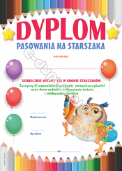 Dyplom Pasowania na Starszaka (kredki, mała sówka z plecakiem)