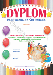 Dyplom Pasowania na Średniaka (kredki, mała sówka z plecakiem)