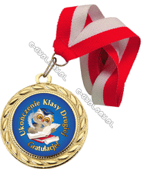 Medal złoty z wklejką "Ukończenie Klasy Drugiej. Sowa z piórkiem" z wstążką
